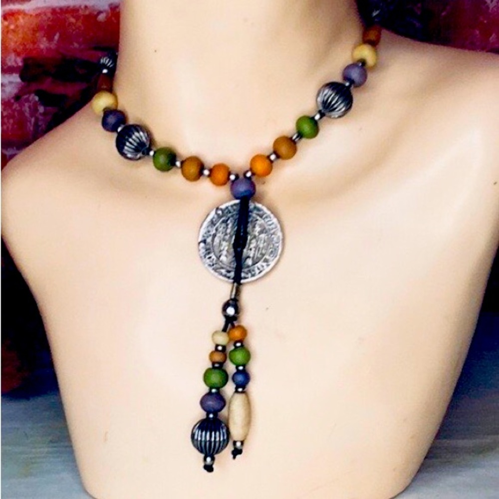 Bohemian Multicolor Beaded Medallion Pendant Necklace